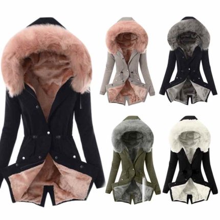 Ladies Fur Lining Coat Womens Winter Warm Thick Long Jacket Hooded Overcoat For Women Cotton Coats Hooded Overcoat Parkas