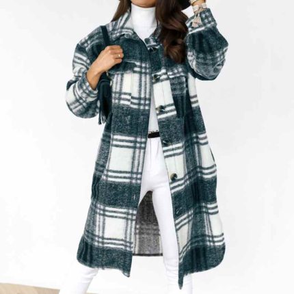Overcoat Women Faux Wool Thin Coat Trench Jacket Green Plaid Ladies Slim Long Tops Vintage Long Sleeve Pockets Female Outerwear